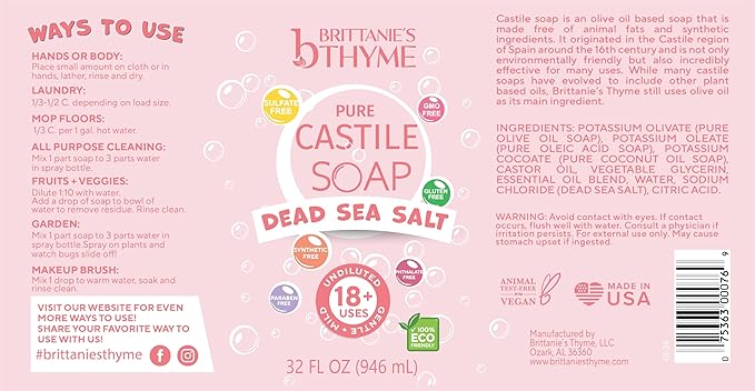 Brittanie’s Pure Castile Liquid Soap Refill, Dead Sea Salt, 32 Ounce Pack of 2 | Dish Soap, Hair & Body, Home, Gentle and Pure, Made with Natural Luxurious Oils, Vegan & Gluten Free Non-GMO