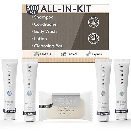 Infuse Pure White Tea and Coconut Hotel Soaps and Toiletries Bulk Set | 1-Shoppe All-In-Kit for Airbnb | 1oz Shampoo & Conditioner, Body Wash, Lotion & 1.25oz Bar Soap | Travel Size 300 Pieces