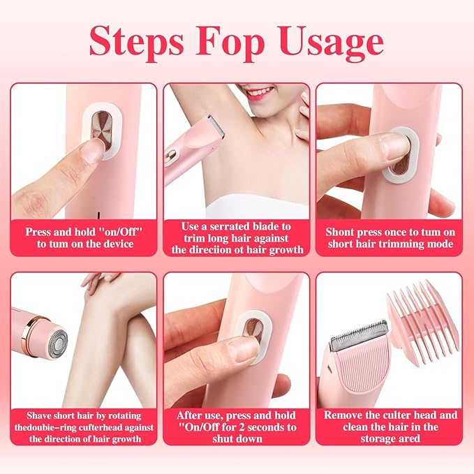 Electric Shaver for Women, 2-in-1 Electric Razor for Women's Legs, Underarm, Face, Pubic Hairs, Rechargeable, Wet & Dry Use, Pink