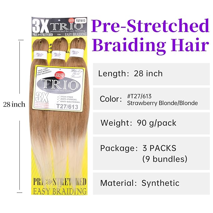 BNG 3X Pre-Stretched Braiding Hair, 28" Professional Itch Free Synthetic Fiber Kanekalon Braids Hair Extensions for Easy Braid, 3 PACKS (9 bundles), (#T27/613 Strawberry Blonde/Blonde)