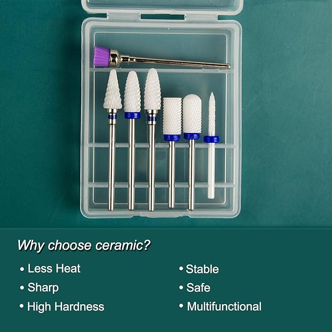 Nail Drill Bits Set Ceramic for Acrylic Nails Gel Polish Removal Cuticle Cleaner 3/32 Professional Nail Art Tool for Manicure Drill Machine (S07-B)