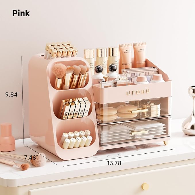 Makeup Organizer for Vanity, Countertop Organizer With Drawers, Spacious Cosmetic Display Case for Beauty Essential, Skincare, Lipstick, Pink
