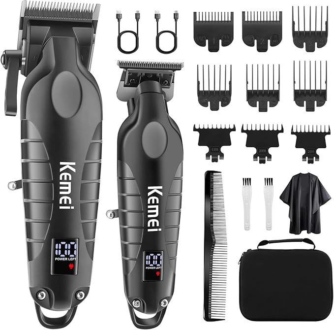 Kemei Hair Clipper and Trimmer Set Professional Cordless Hair Clipper for Men Electric Beard Trimmers Barber Hair Cuttings Kit, T Blade Trimmers for Men with LCD Display, KM-2290，KM-2293