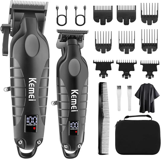 Kemei Hair Clipper and Trimmer Set Professional Cordless Hair Clipper for Men Electric Beard Trimmers Barber Hair Cuttings Kit, T Blade Trimmers for Men with LCD Display, KM-2290，KM-2293