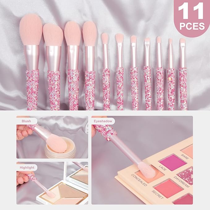 Professional Makeup Brushes Set 11PCS Bling Rhinestone Face Cosmetics Blending Liquid Foundation Powder Concealer Eye Shadows Make Up Beauty Tool Glitter (AB Pink)