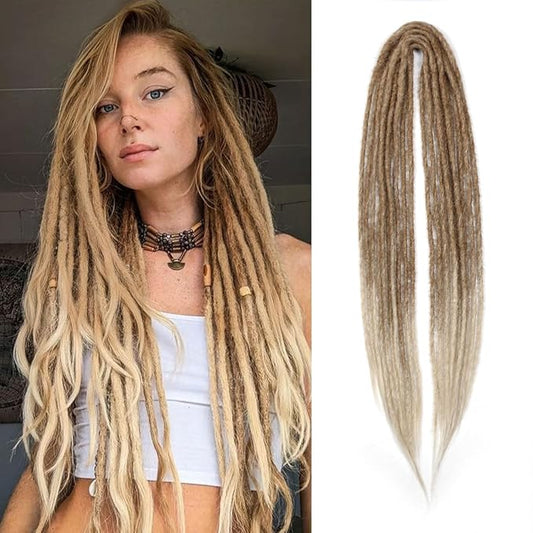 24 In Double Ended Dreadlock Extensions, Brown to Blonde 10 Strands Thin 0.6cm Width Synthetic DE Dreads Extensions, 100% Handmade Dreads Hippie Style Dreadlocks for Woman