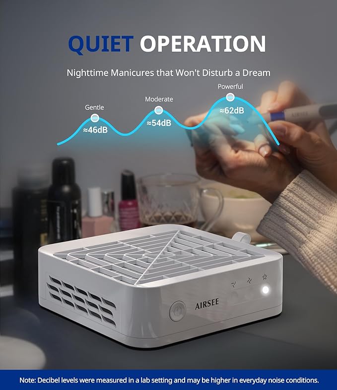 AIRSEE GD3 Nail Dust Collector for Salon and Home Use,Powerful and Quiet Manicure Vacuum for Acrylic Gel Nail Polishing with Reusable Filter,3-Speed Adjustable Extractor Fan,White