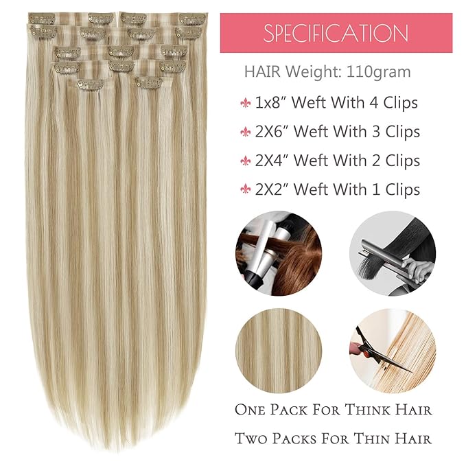 Loxxy Seamless Clip in Hair Extensions Real Human Hair Highlights Ash Blonde Clip in Hair Extensions Invisible PU Skin Weft Clip ins Double Weft 16Inch 6Pcs 110Gram