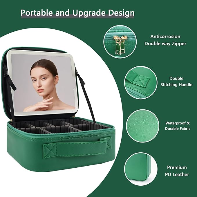 Travel Makeup Bag with LED Lighted Mirror,Cosmetics Organizer, Makeup Bag with 3 Color Lighted Setting, Portable Storage and Adjustable Dividers Travel Makeup Bag(Dark green)