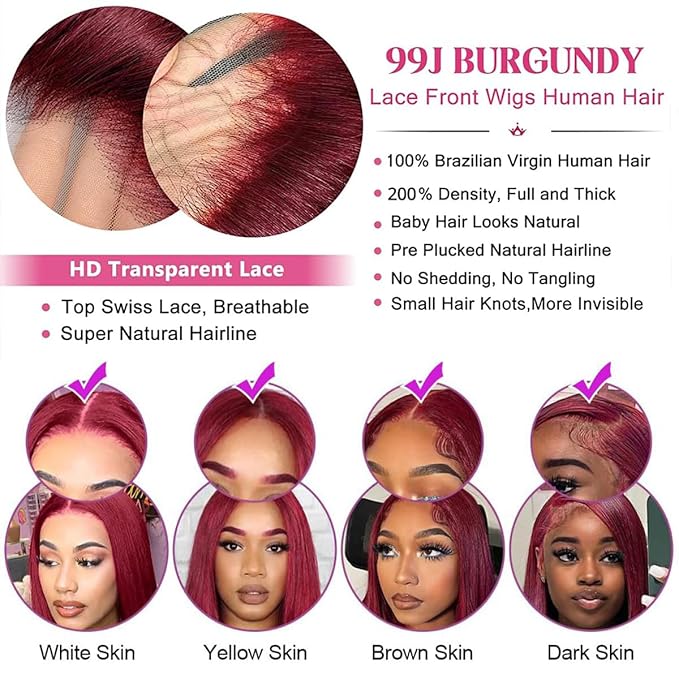 13x4 Straight Lace Front Wigs Human Hair 26 Inch 200 Density 99j Burgundy Lace Front Wigs Human Hair Glueless Wig Pre Plucked Wine Red Colored Lace Frontal Wigs for Women