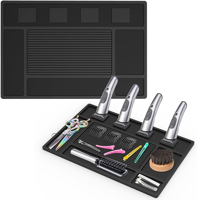 Magnetic Barber Mat for Clippers,Station Barber Tool Organizer Mat Rubber for Scissors Salon Barbershop Beauty Tools with 4 Slots Flexible Silicone Barber Pad Non-Slip Professional Barber Accessories