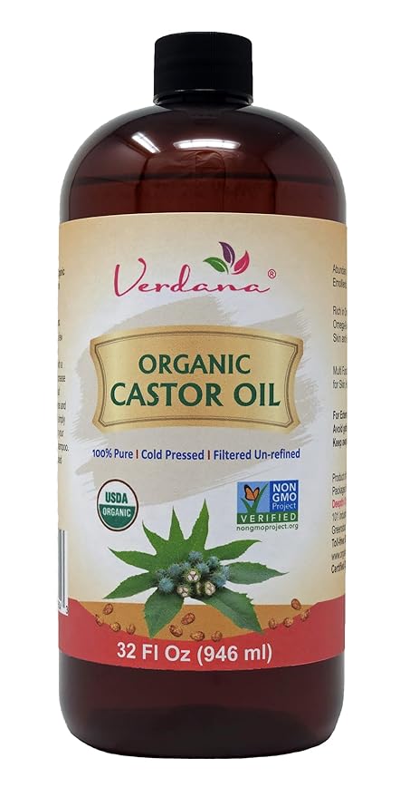 Verdana Organic Castor Oil – 32 Fl Oz Bulk Size – Cold Pressed, Unrefined, Hexane-Free – USDA Organic – Natural Moisturizer for Hair Growth, Eyelashes, Skin, Scalp & Castor Oil Packs