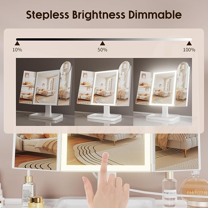 Makeup Vanity Mirror with Lights, Rechargeable Lighted Makeup Mirror with 2X 3X 10X Magnification, Led Makeup Mirror with 3 Colors Lights, Portable Mirror for Travel Desk, Gifts for Women Girls