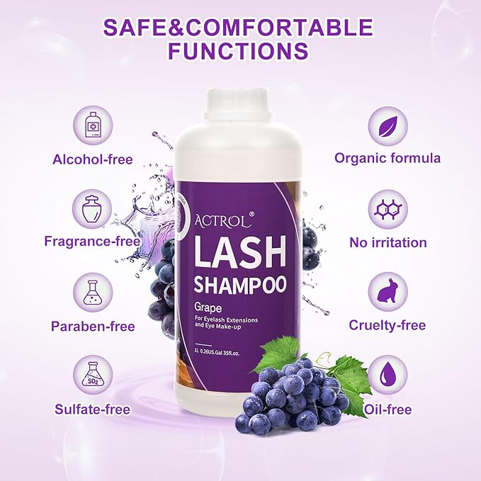 Eyelash Extension Cleanser Grape 1L Natural Lash Extension Shampoo Professional Eyelid Foaming Cleanser Paraben & Sulfate Free Non-lrritating with Salon and Home Care