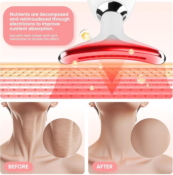 Face and Neck Massager Tool, 7 Colors LED Light Therapy Wand for Wrinkles, Double Chin, Portable Facial Massager with Vibrating and Thermals for Skin Care, Glossy White