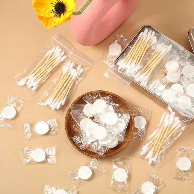 1000 Cotton Swabs Travel Size Individually Packaged Double Headed Cotton Swabs and 200 Compressed Towels Portable Disposable Mini Compressed Towels Suitable for Travel Hotel Makeup Care