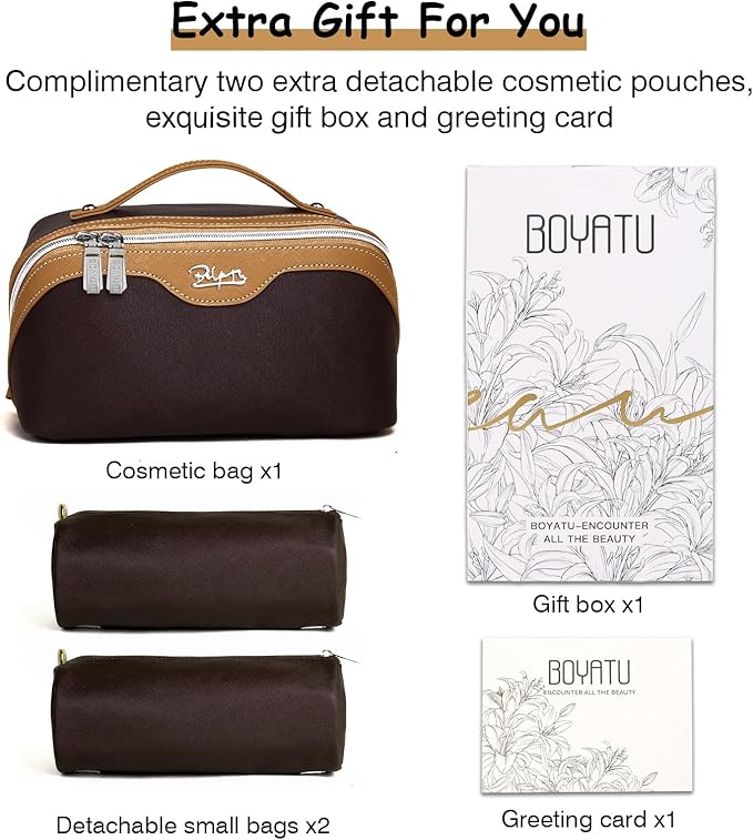 BOYATU Travel Makeup Bag Set: Portable Make up Bag for Traveling - Leather Cosmetic Bags for Women - Waterproof Toiletry Organizer Bags with Handle (D-01-Brown)