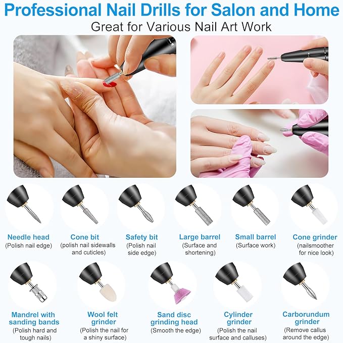 Electric Nail Drill, Urbuti 35000RPM Professional Nail Drill Machine, Portable Rechargeable File Machine Set for Acrylic Gel Nails, Manicure Pedicure Tools for Home and Salon Use(Black)