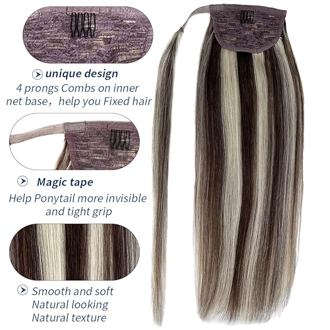 Ponytail Extension Human Hair Brown to Blonde Highlights Pony Tail Hair Pieces Clip in Wrap Around Pony Remy Hair Extensions for Women 16 Inch 80G #2P16