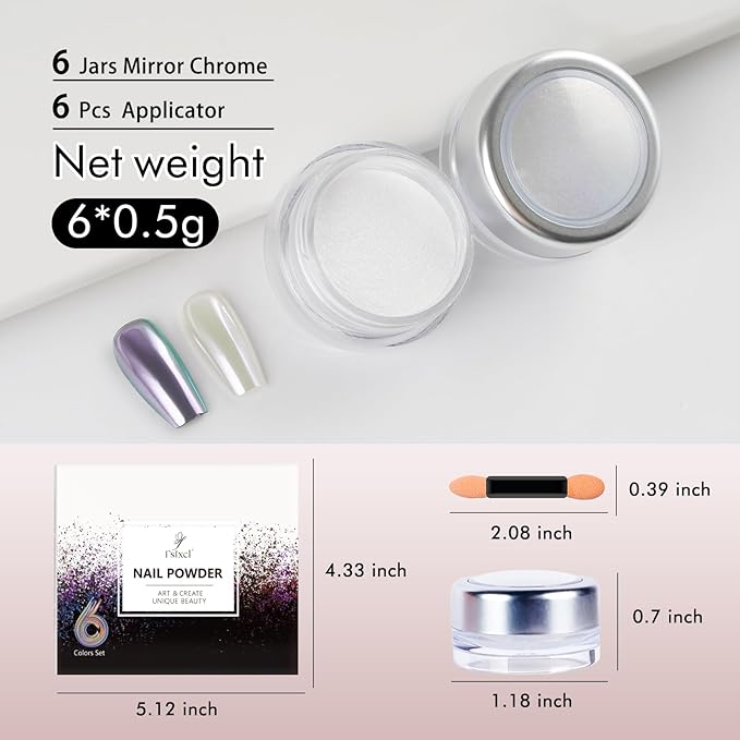 Chrome Nail Powder Pearl White Aurora Effect Metallic Mirror Moonlight Pigment Iridescent Glitter Kit for Gel Polish Nail Art Decoration, 6 Colors Set 0.5g/Jar