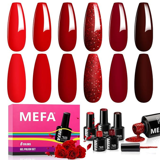 MEFA Red Gel Nail Polish Set, 6 Colors Gel Polish Kit Popular Burgundy Glitter Nail Polish Soak Off Rose Dark Red Shimmer DIY Home Salon Manicure Gifts for Women Girls 2025