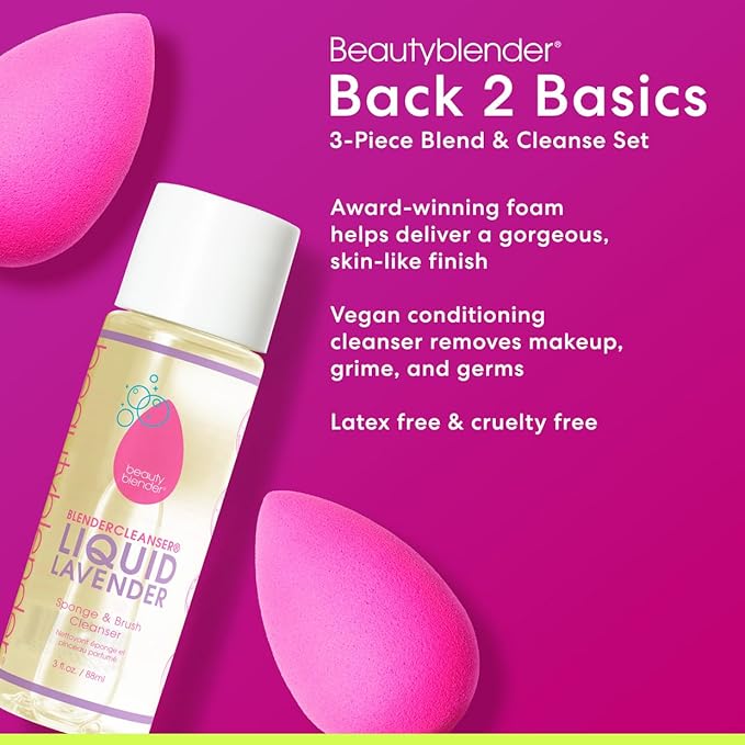 Beautyblender® | Back 2 Basics 3-Piece Blend & Cleanse Set, 2 Original Beauty Blenders + Blendercleanser® Liquid Lavender Makeup Sponge + Brush Cleaner, Made in USA, Vegan, Cruelty Free, 3 oz