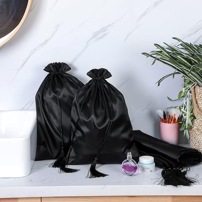 Silkfly 30 Pcs Satin Wig Bag Satin Silk Bags Large Hair Packaging Drawstring Pouch with Tassel for Women Wigs Hair Extensions Hair Tools Storage Travel Home Salon Makeup Gift, Black
