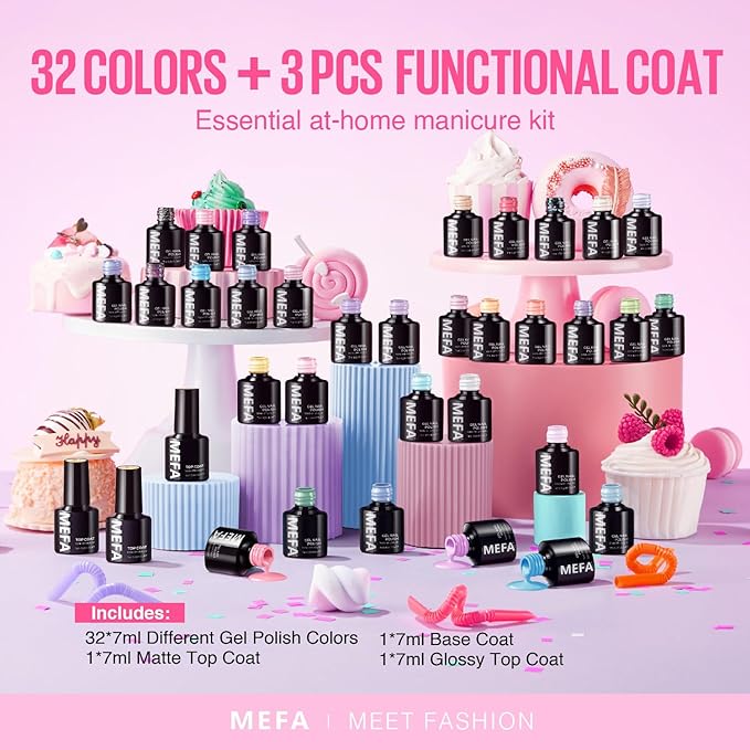 MEFA 35 Pcs Pastel Gel Nail Polish Set, 32 Colors Spring Collection Gel Nail Polish Kit Macaron Pink Green Nail Art Manicure DIY Home Decoration Beginners Gifts for Women Girls