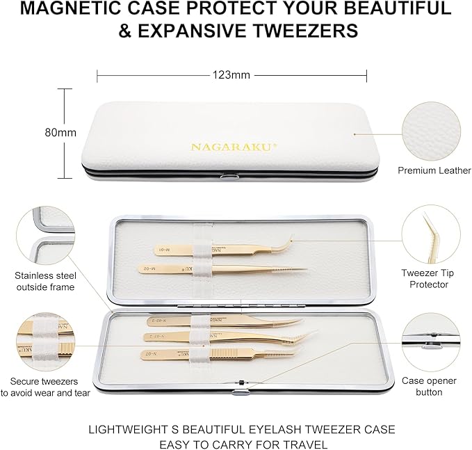 NAGARAKU 5 PCS Tweezers for Eyelash Extensions Straight and Curved Precision Professional Tweezer for Lash Extensions Volume Easy Fanning lash Precise Point with Storage Case Bag