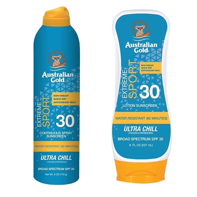 Australian Gold Extreme Sport Continuous Spray Sunscreen SPF 50(Broad Spectrum/Sweat & Water Resistant/Non-Greasy), Sport - New, Coastal Breeze, 6 Oz (2 Pack)3 Ounce(Pack of 2) SPF50-Spray & Lotion