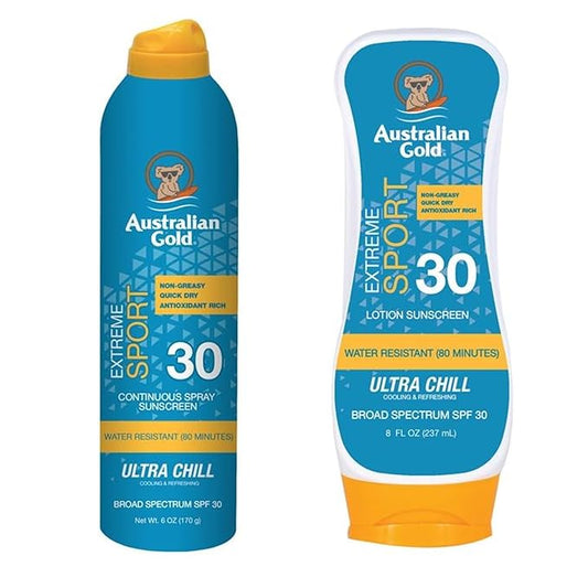 Australian Gold Extreme Sport Continuous Spray Sunscreen SPF 50(Broad Spectrum/Sweat & Water Resistant/Non-Greasy), Sport - New, Coastal Breeze, 6 Oz (2 Pack)3 Ounce(Pack of 2) SPF50-Spray & Lotion