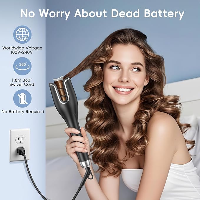 Automatic Hair Curler Auto Rotating Curling Iron with 4 Temps & 8 Timers(12s-19s), LCD Display, 1" Barrel | Dual Voltage Fast Heating, Anti-Scald & Auto Off for Home Salon & Travel Use(Black)