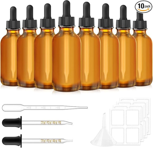 Dropper Bottle 2 oz, 10 Pack Glass Eye Dropper Bottles with Labels and Funnel, Tincture Bottle with Measured Dropper - Leakproof Essential Oils Bottles