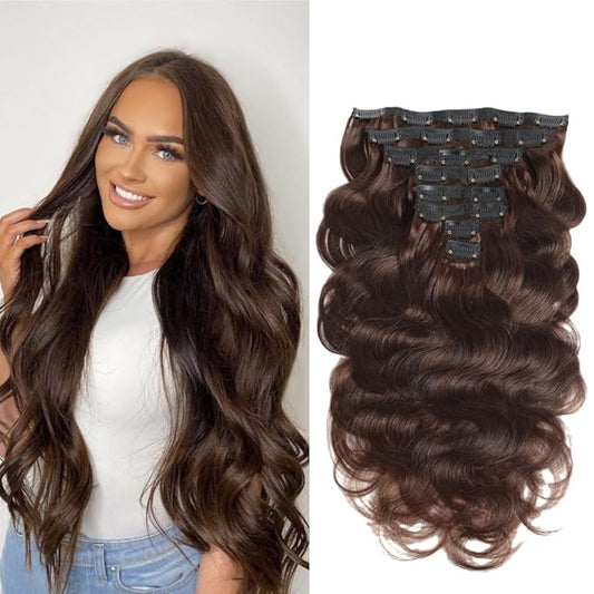 LUMIERE Clip In Hair Extensions Body Wave Human Hair For Black Women Seamless Clip Ins Dark Brown Hair 8 Pcs 20 Clips 120g Double Wefts Color #2 22 Inch