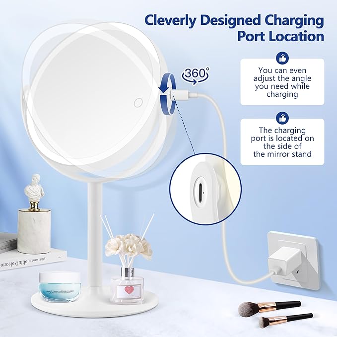 Lighted Magnifying Mirror, 20x Magnifying Makeup Mirror with Lights, Charging Port on Stand, Double Sided Switch Eye-Protection 3 Colors Dimmable Vanity Mirror, Large 8.6 in