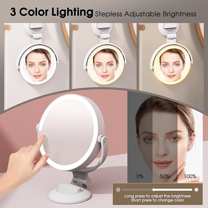 10X/1X Makeup Mirror with Lights and Magnification, 7.1” Wall Mounted Desktop Double-sided Magnifying Mirror with Suction Cup, 360°Swivel Rechargeable Travel Vanity Mirror with 3 Colors & Dimmable