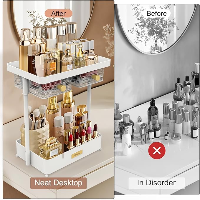 Unaone Makeup Organizer Countertop - 2 Tier Skincare Organizer with 2 Rotating Drawers, Versatile Cosmetic Display Cases Perfume Organizer for Vanity Bathroom Countertop, Ideal Gifts for Women (White)