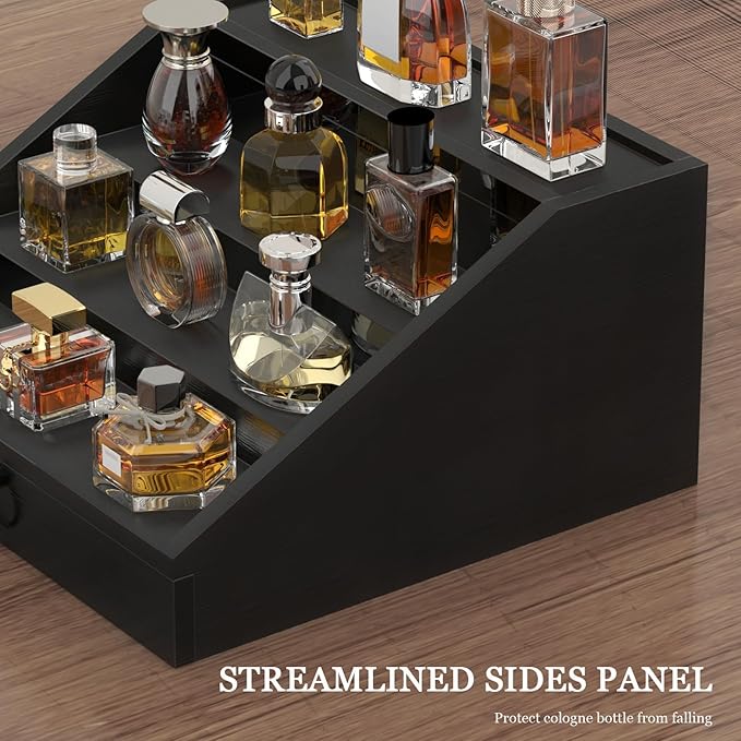 Wooden Cologne Organizer for Men Enhanced 4 Tier Cologne Stand Shelf Perfume Organizer with Velvet Lined Drawer & Hidden Storage Perfume Display Holder for Dresser Nice Gift (Classy Black)