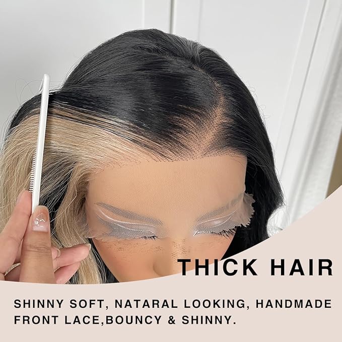 13x6 Glueless Skunk Stripe Straight Wig Black And White Highlight Lace Front Wig Pre-Plucked Yaki Synthetic Grey HD Lace Front Wig 32inch