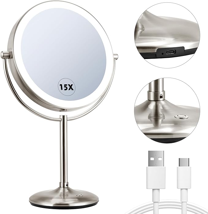 15X Magnifying Mirror with Light: 9 inch Lighted Makeup Mirror, 360Rotation Touch Screen Rechargeable, Double Sided LED Vanity Mirror, Brushed Nickel