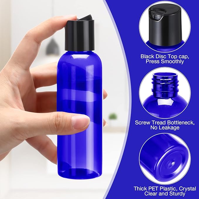 50 Pcs 4oz Empty Plastic Travel Bottles with Disc Top Flip Cap Small Travel Size Bottles Blue Refillable Empty Containers for Shampoo Lotion Liquid Body Soap Cream Toiletries