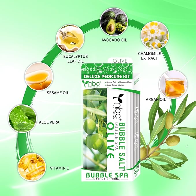 Pedicure Kit Foot Soak Set: Bubble Salt, Sugar Scrub, Massage Mask, Massage Lotion in a Box, 4 Step Foot Spa Kit for Dry Feet, Calluses and Tired Feet(3 Set Olive)