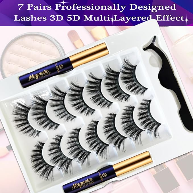 DUOERLA Magnetic Eyelashes Natural Look - 7 Pairs High Volume Cat-Eye Magnetic Lashes with Eyeliner Kit - Upgraded Long Lasting, Waterproof, Easy Fake Eyelashes with Applicator, Reusable,Cruelty Free,