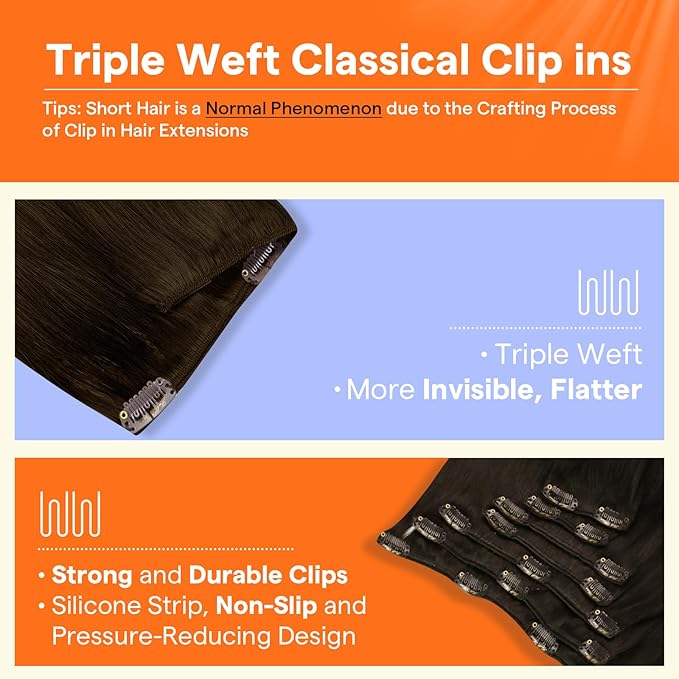 Full Shine Brown Clip in Hair Extensions Short Human Hair Clip in Extensions Triple Weft Invisible Darkest Brown Hair Extensions Full Head 7 Pieces 12 Inch 95 G