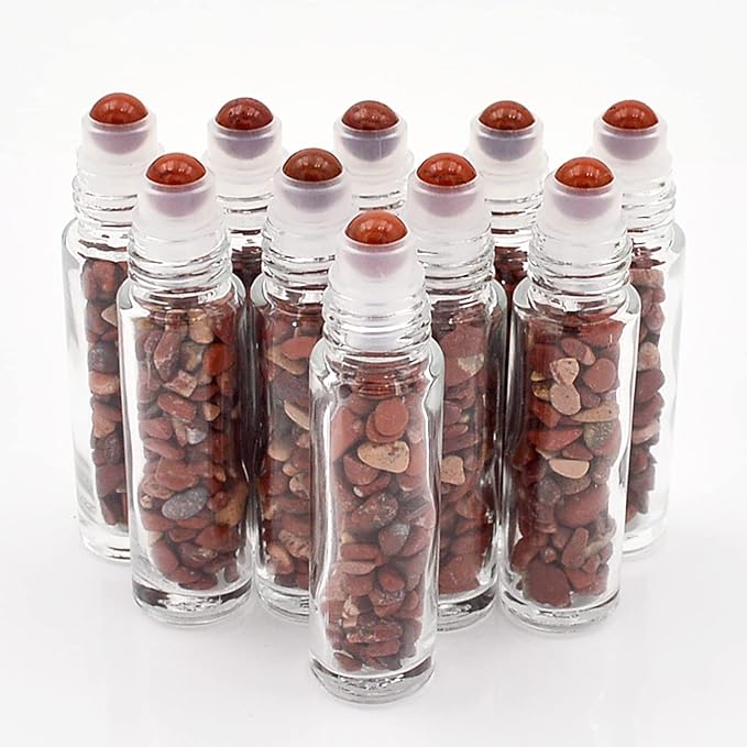 Essential Oil Roller Bottle 10ml w EVA Carrying Travel Case（Clear Glass Bottle with silver Cap、10pack、Gemstone Roller Balls、Healing Crystal Chips Inside、Opener)Gemstone Roller Ball Bottles