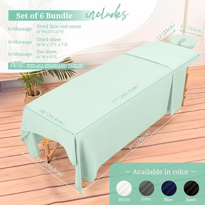 Set of 6 Massage Table Sheets Sets 3 Piece Set Includes Massage Table Cover, Massage Fitted Sheets and Massage Face Rest Cover, Massage Sheets Sets for Beauty Salon and Home Spa (Sage Green)