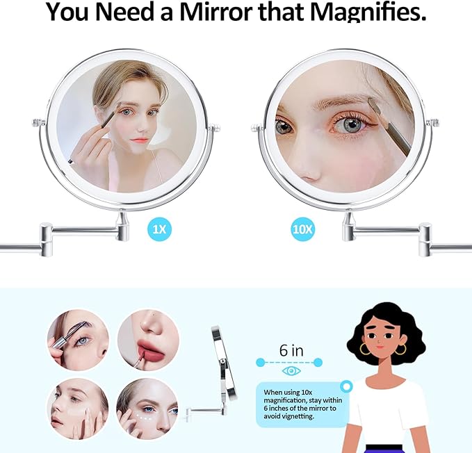 8" Wall Mounted Lighted Makeup Mirror, 1X/10X LED Lighted Magnifying Mirror with 3 Colors, 360° Rotation Double Sided Extension Foldable Arm Rechargeable Makeup Mirror, Touch Dimming