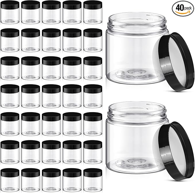 Tanlade 40 Pcs 2 oz Plastic Jars with Lids Round Clear Cosmetic Containers Refillable Container Jars for Lotion, Cream, Ointments, Makeup, Eye Shadow, Rhinestone, Samples, Powder, Beauty Products