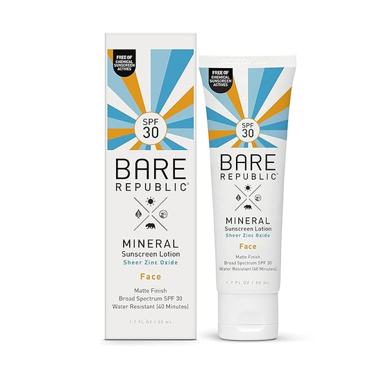 Bare Republic Mineral Matte Sunscreen SPF 30 Sunblock Face Lotion, Sheer and Light Finish, 1.7 Fl Oz