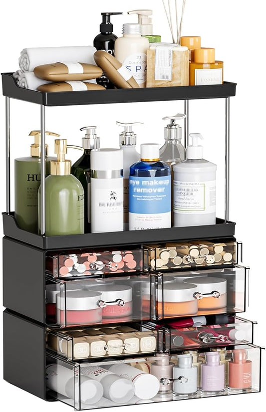 3 Pack Bathroom Organizers and Storage Countertop With 7 Drawers,Stackable Vanity Drawer Organizer for Makeup,18.9" Tall Large Capacity Skincare Organizer and Exquisite Makeup Organizer,Black